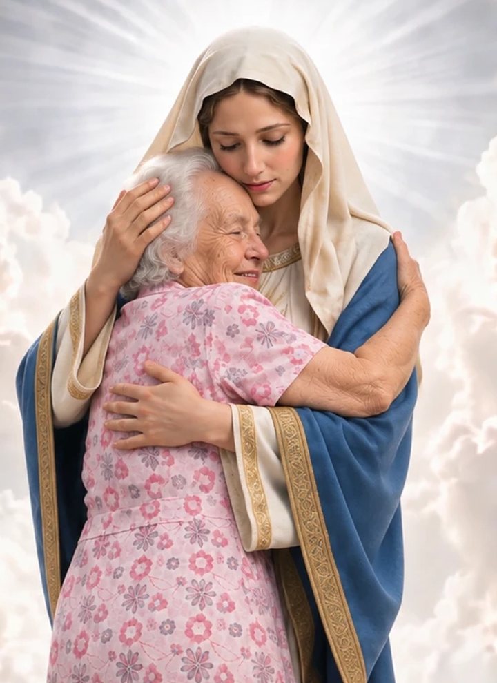 Nossa Senhora abraçando a mãe, que sorri de olhos fechados